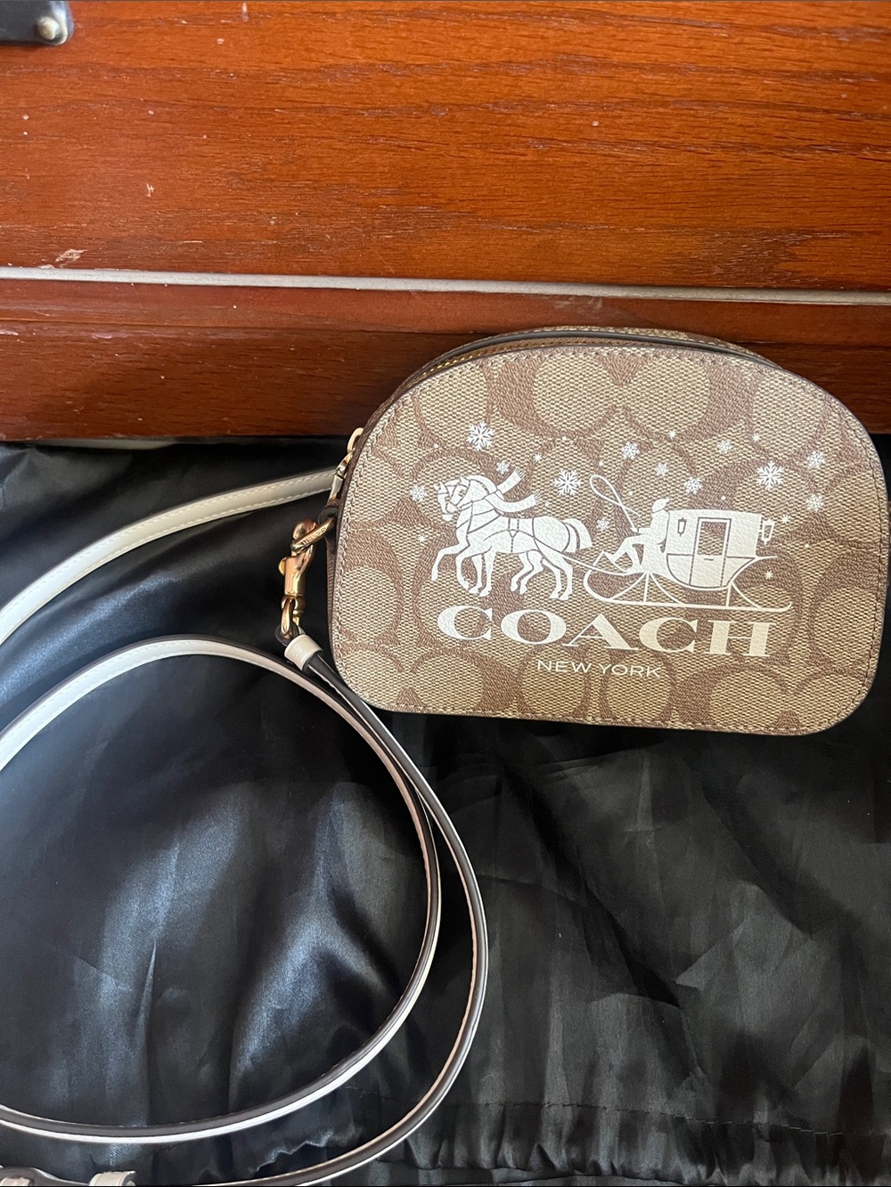 Coach Beige/Brown Signature Dome Crossbody with White Horse & Carriage Graphic